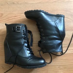 Black lace up wedge boots